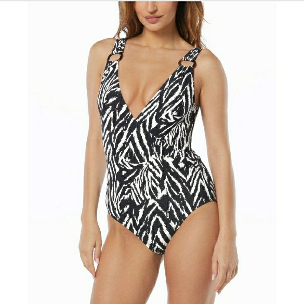 Carmen Marc Valvo Womens Zebra Print O Ring One Piece Swimsuit. Size: 6  NWT.